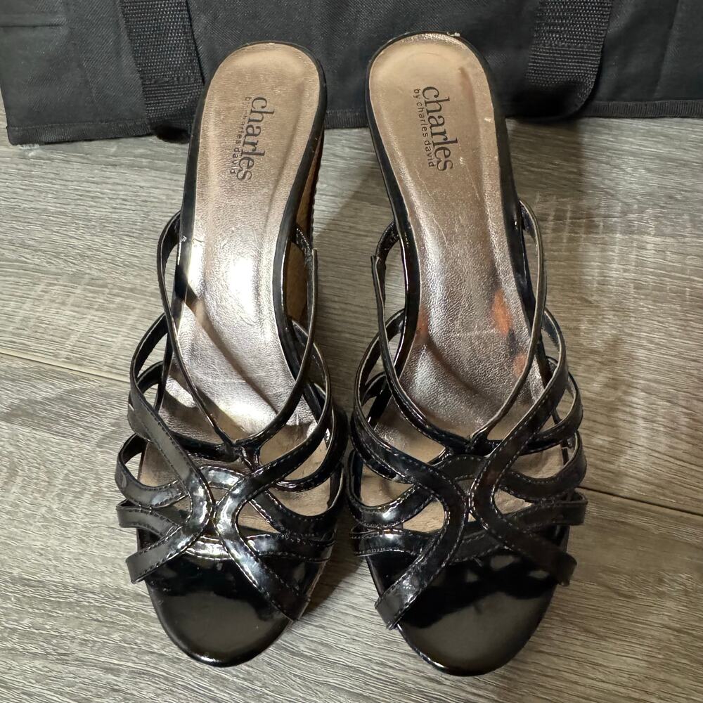 Charles by Charles David Black Strappy Wedge Sandals Open Toe Heels Aprox 8.5